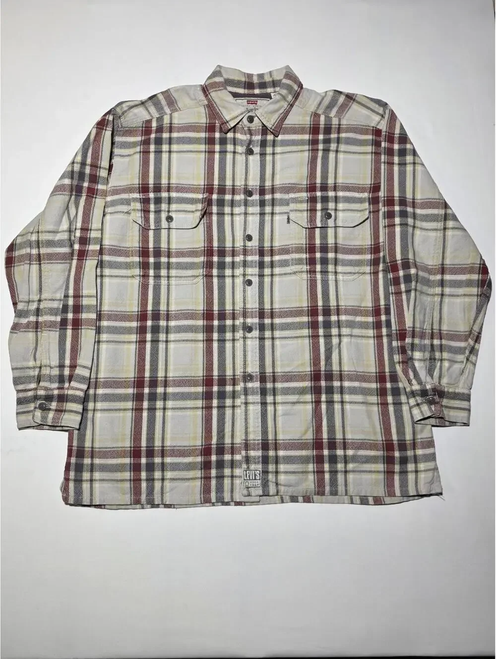 Vintage 90s Levi's Plaid Flannel Shirt XL Red Gray Yellow Heavy Duty Workwear